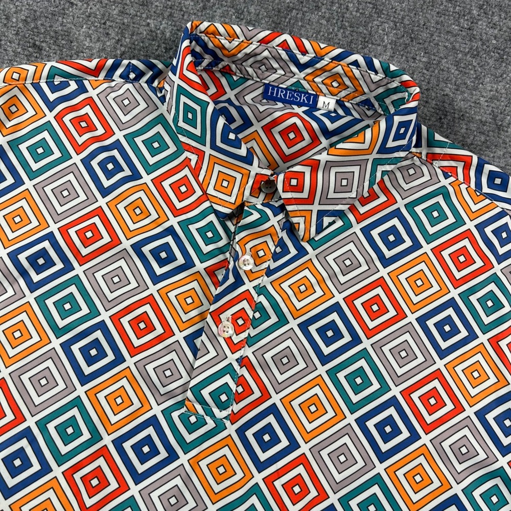 Hreski Polo‎ Shirt Mens Medium Multicolor Geometric Square Golf Performance Top